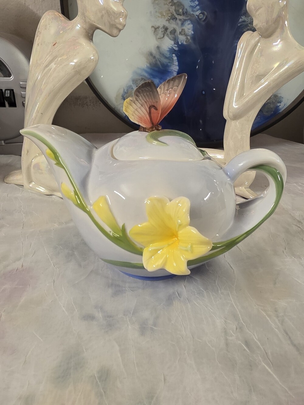 Pier 1 Hand-Painted Floral Ceramic Teapot with Butterfly Accent